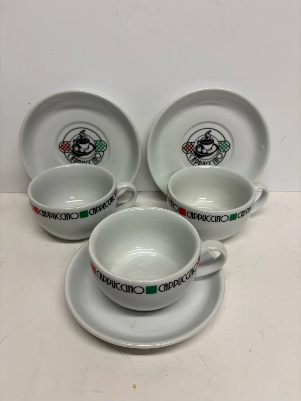 Cappuccino Espresso Cups with Saucers - White with Red & Green Accents Set of 3